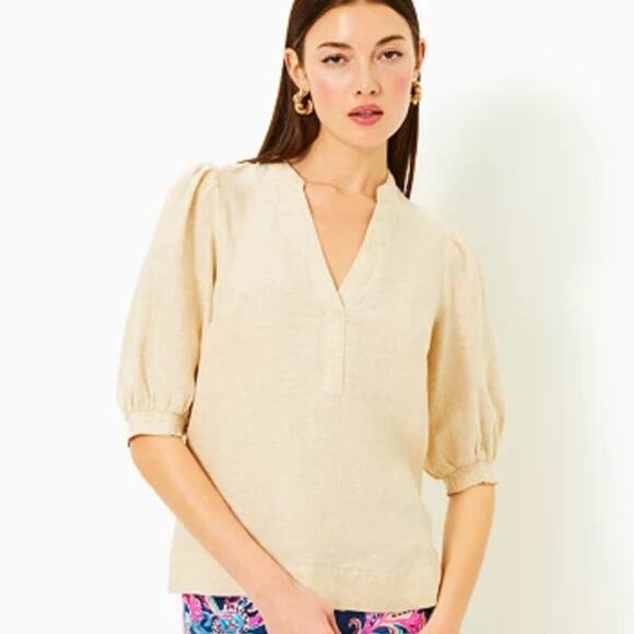 Lilly Pulitzer Tops - Lilly Pulitzer Mialeigh Beige Tan 100% Linen Top 3/4 Sleeve Size 8 *FLAW*